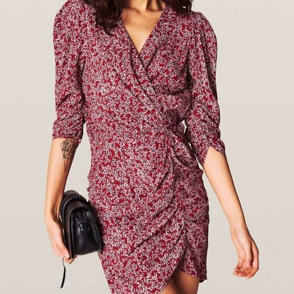 BA&SH | Crystal Dress Carmin Printed Shoulder Pad Ruched Crepe Mini Dress Size S - Picture 2 of 16